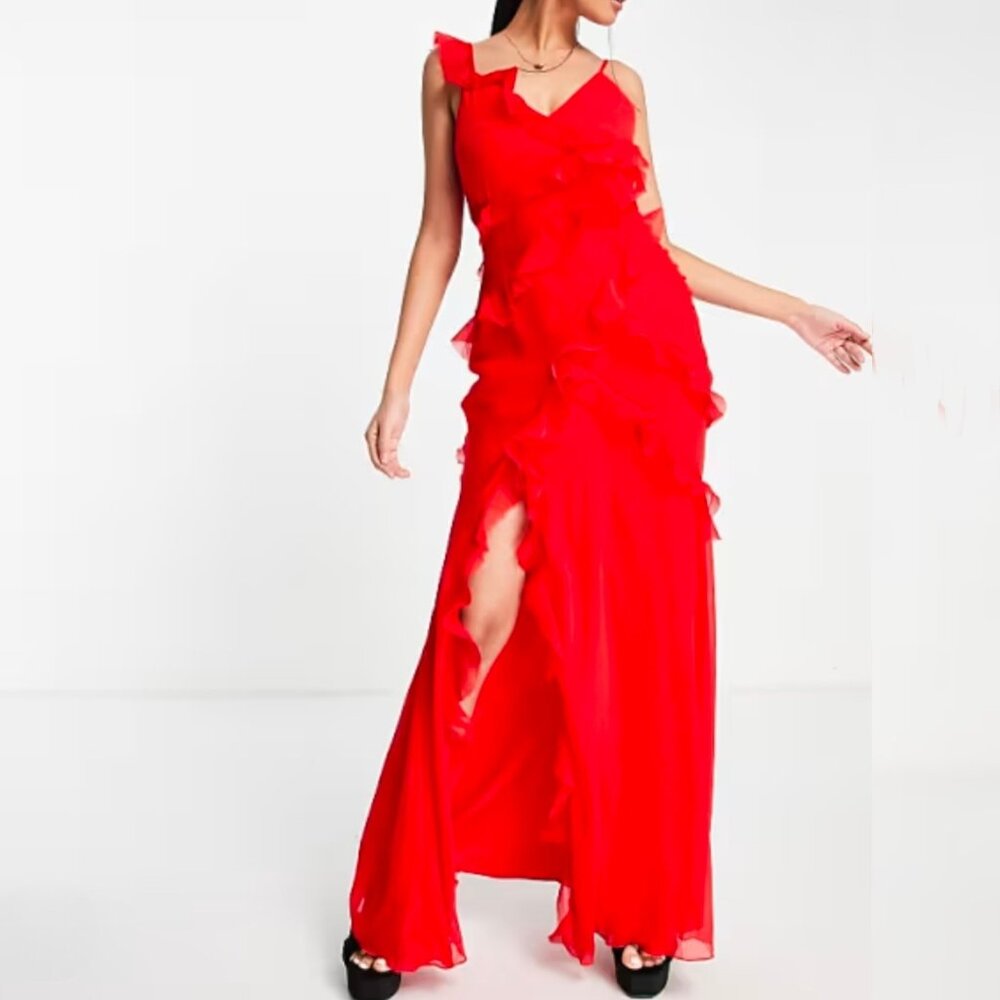 Nwot ASOS DESIGN - US 8 tiered ruffle Maxi Dress tie back & button side Red